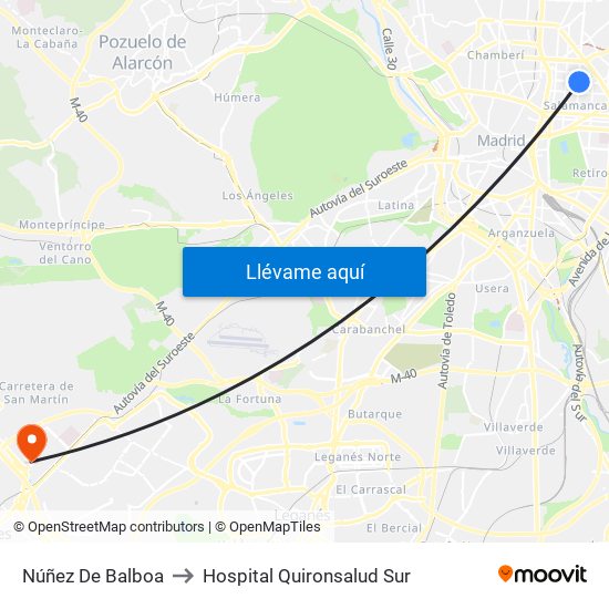 Núñez De Balboa to Hospital Quironsalud Sur map