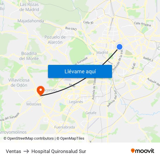 Ventas to Hospital Quironsalud Sur map