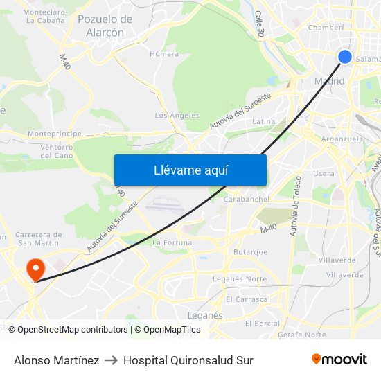 Alonso Martínez to Hospital Quironsalud Sur map