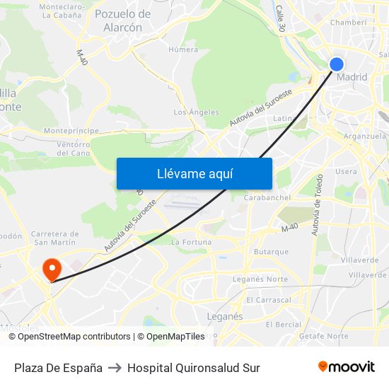 Plaza De España to Hospital Quironsalud Sur map