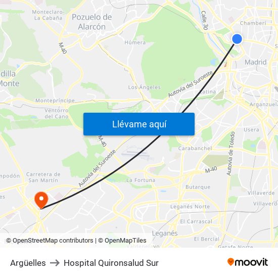 Argüelles to Hospital Quironsalud Sur map