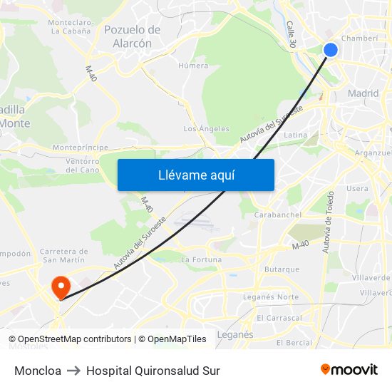 Moncloa to Hospital Quironsalud Sur map