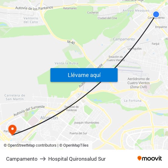 Campamento to Hospital Quironsalud Sur map