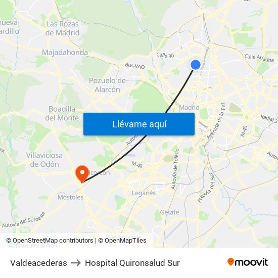 Valdeacederas to Hospital Quironsalud Sur map