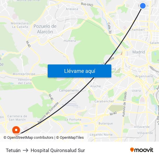 Tetuán to Hospital Quironsalud Sur map