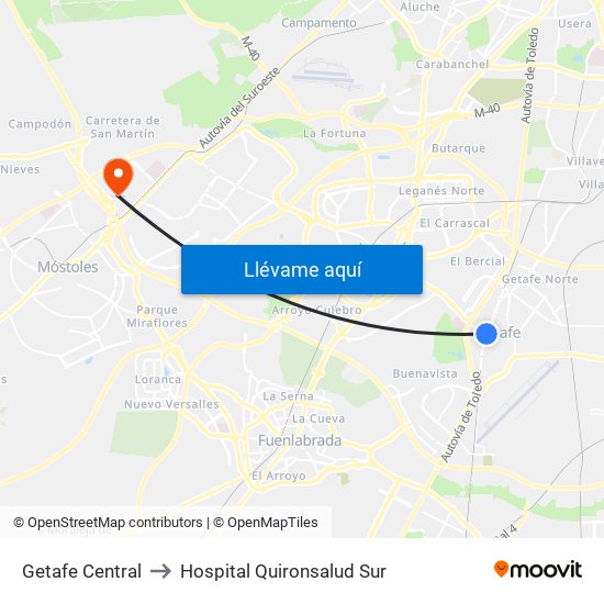 Getafe Central to Hospital Quironsalud Sur map