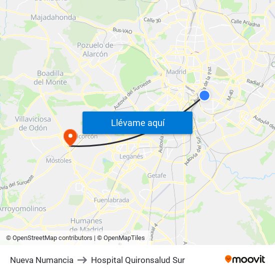 Nueva Numancia to Hospital Quironsalud Sur map