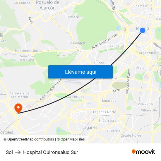 Sol to Hospital Quironsalud Sur map
