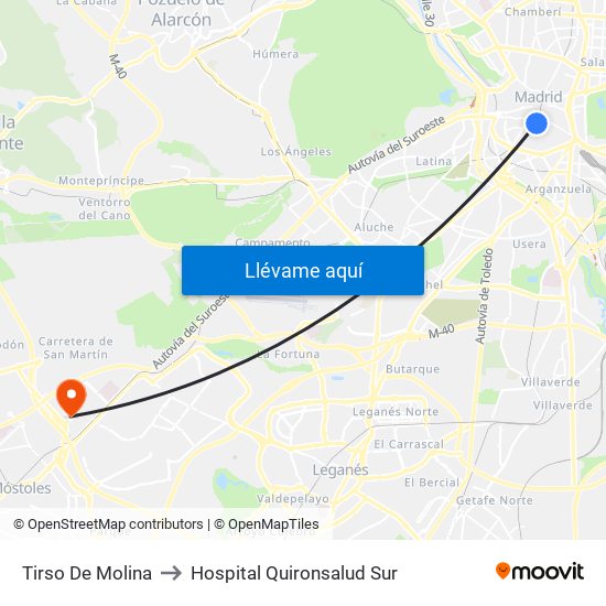 Tirso De Molina to Hospital Quironsalud Sur map