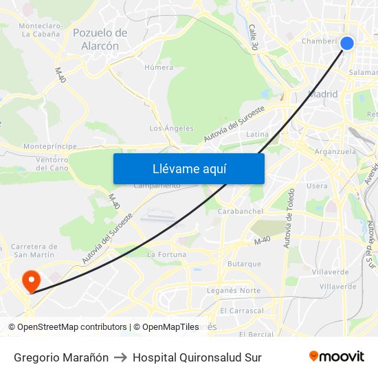 Gregorio Marañón to Hospital Quironsalud Sur map