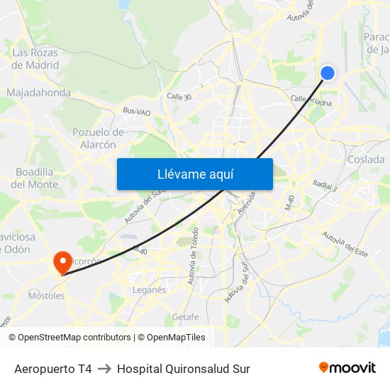 Aeropuerto T4 to Hospital Quironsalud Sur map