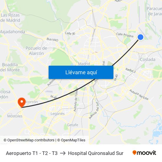 Aeropuerto T1 - T2 - T3 to Hospital Quironsalud Sur map