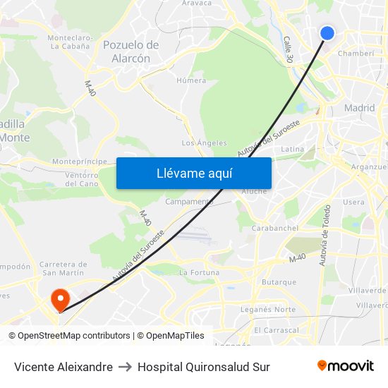 Vicente Aleixandre to Hospital Quironsalud Sur map
