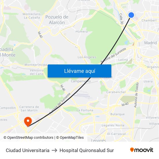 Ciudad Universitaria to Hospital Quironsalud Sur map