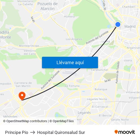 Príncipe Pío to Hospital Quironsalud Sur map