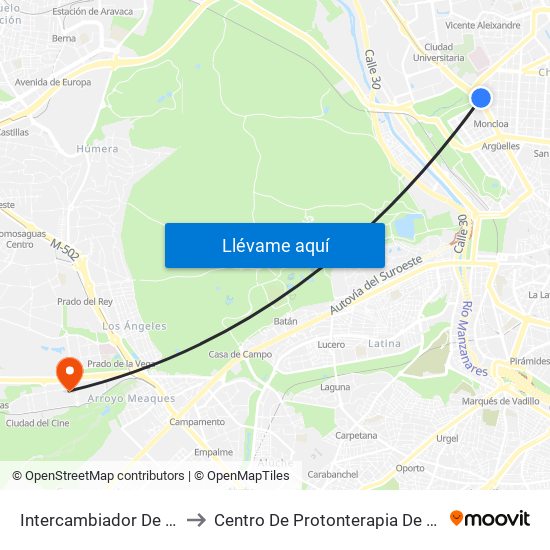 Intercambiador De Moncloa to Centro De Protonterapia De Quirónsalud map