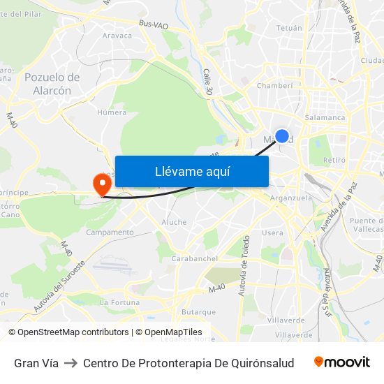 Gran Vía to Centro De Protonterapia De Quirónsalud map