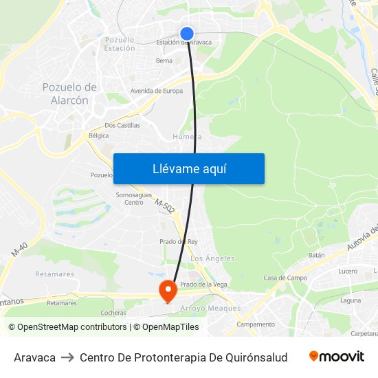 Aravaca to Centro De Protonterapia De Quirónsalud map