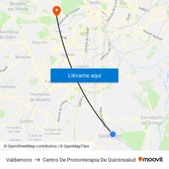 Valdemoro to Centro De Protonterapia De Quirónsalud map