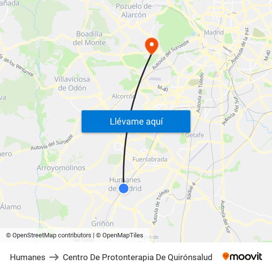 Humanes to Centro De Protonterapia De Quirónsalud map