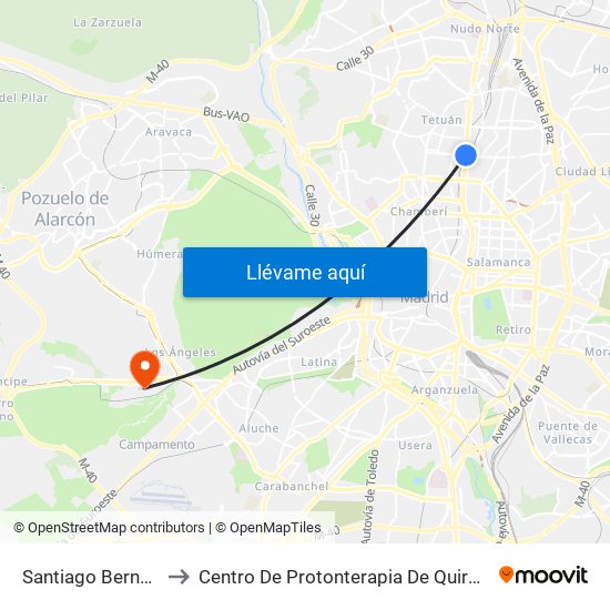 Santiago Bernabéu to Centro De Protonterapia De Quirónsalud map