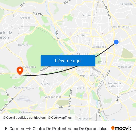 El Carmen to Centro De Protonterapia De Quirónsalud map