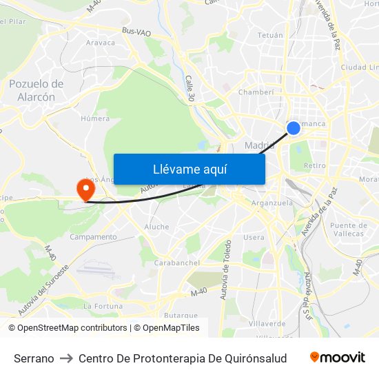 Serrano to Centro De Protonterapia De Quirónsalud map