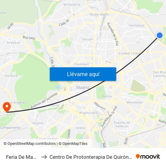 Feria De Madrid to Centro De Protonterapia De Quirónsalud map