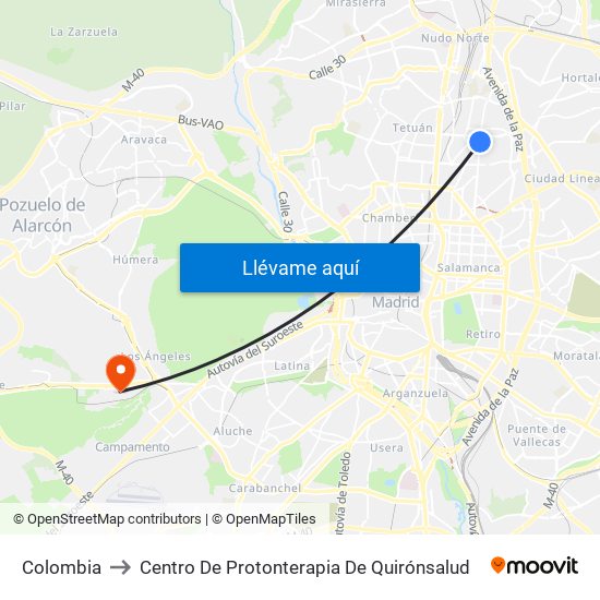 Colombia to Centro De Protonterapia De Quirónsalud map