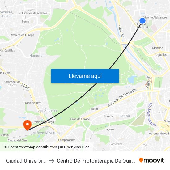 Ciudad Universitaria to Centro De Protonterapia De Quirónsalud map