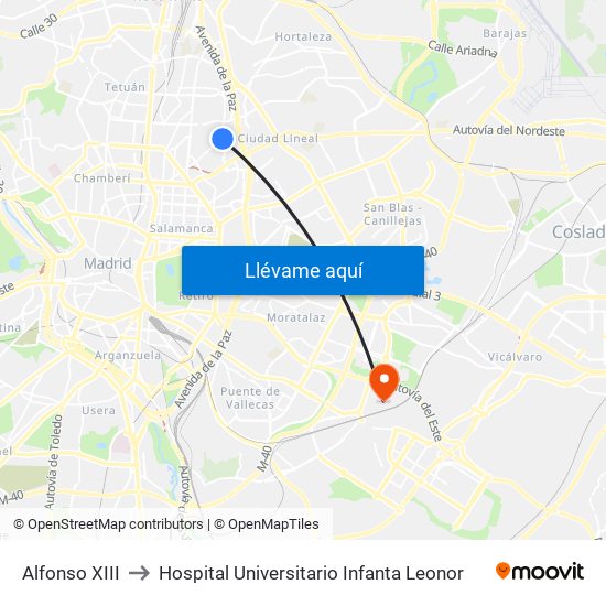 Alfonso XIII to Hospital Universitario Infanta Leonor map