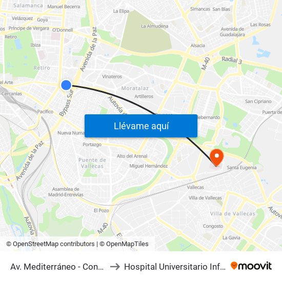 Av. Mediterráneo - Conde De Casal to Hospital Universitario Infanta Leonor map