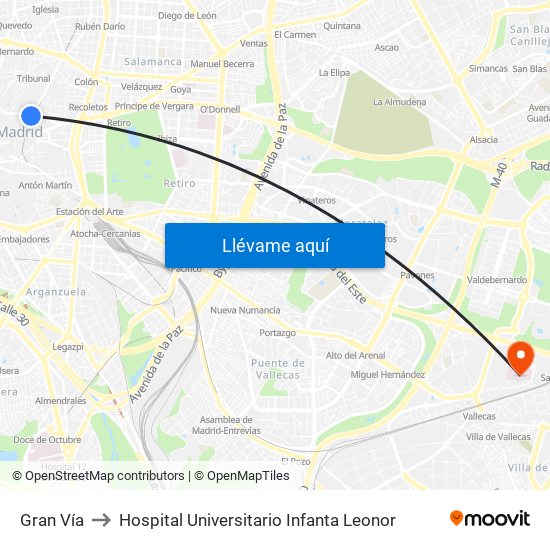 Gran Vía to Hospital Universitario Infanta Leonor map