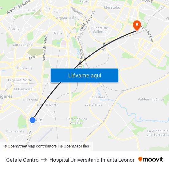 Getafe Centro to Hospital Universitario Infanta Leonor map