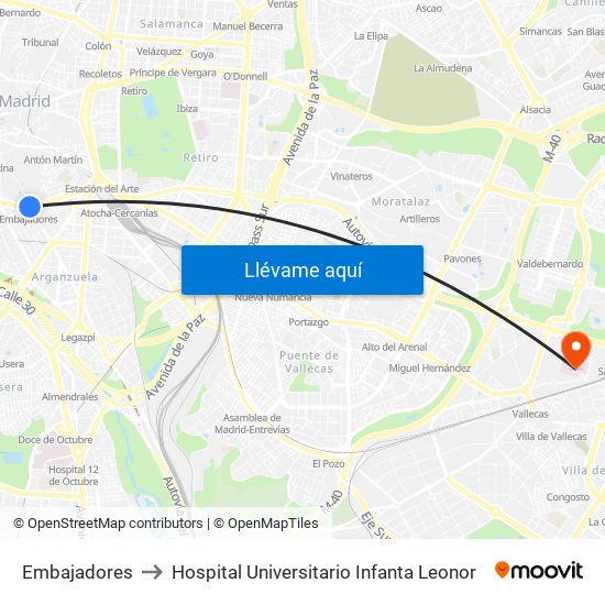 Embajadores to Hospital Universitario Infanta Leonor map