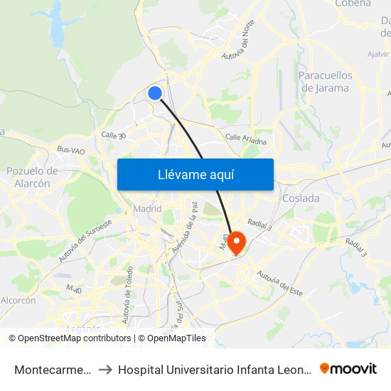 Montecarmelo to Hospital Universitario Infanta Leonor map