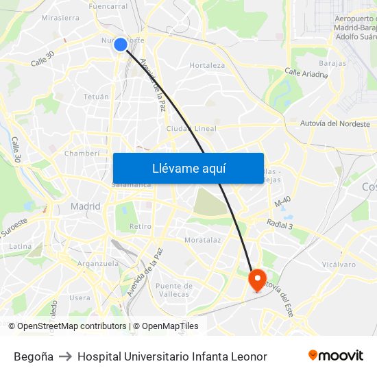 Begoña to Hospital Universitario Infanta Leonor map