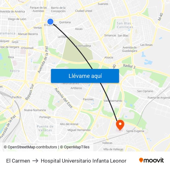 El Carmen to Hospital Universitario Infanta Leonor map