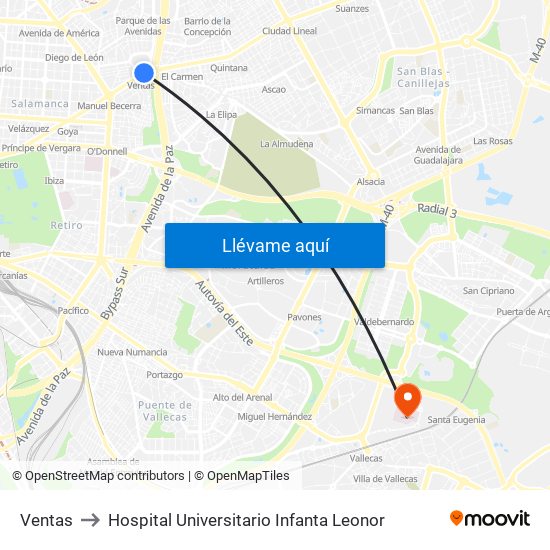 Ventas to Hospital Universitario Infanta Leonor map