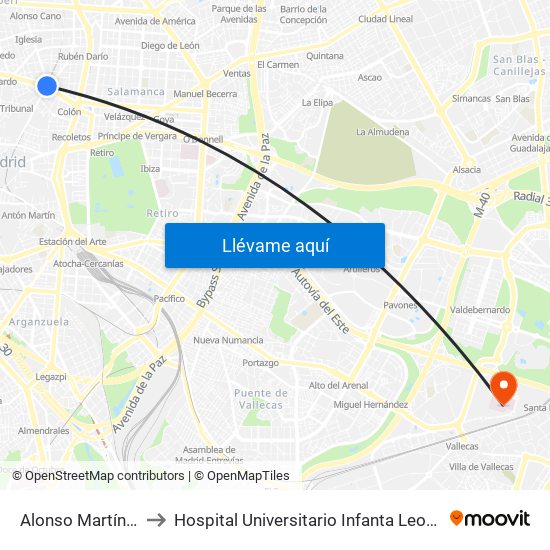 Alonso Martínez to Hospital Universitario Infanta Leonor map