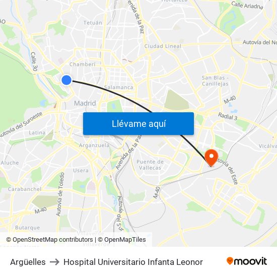 Argüelles to Hospital Universitario Infanta Leonor map