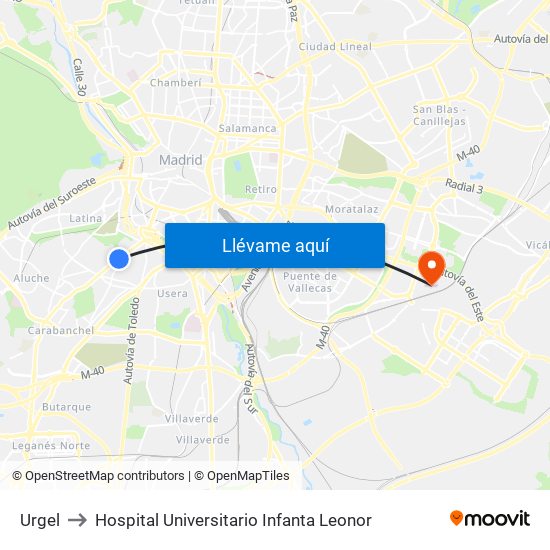 Urgel to Hospital Universitario Infanta Leonor map