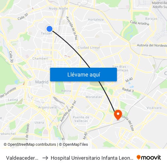 Valdeacederas to Hospital Universitario Infanta Leonor map