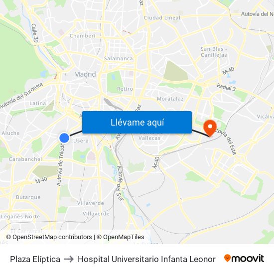 Plaza Elíptica to Hospital Universitario Infanta Leonor map