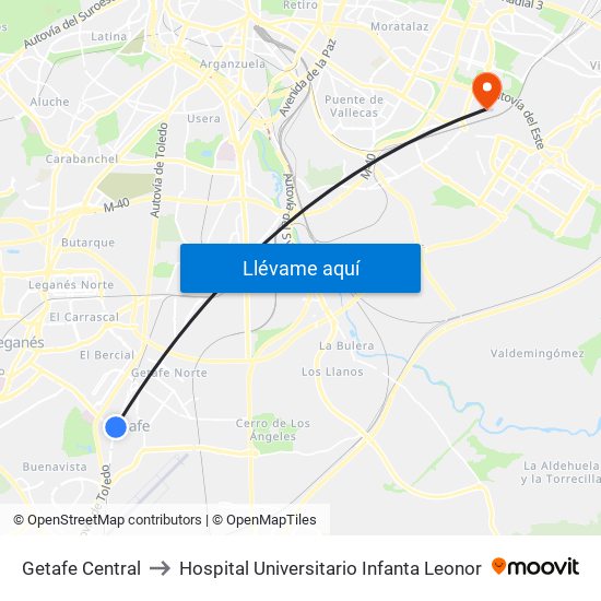Getafe Central to Hospital Universitario Infanta Leonor map