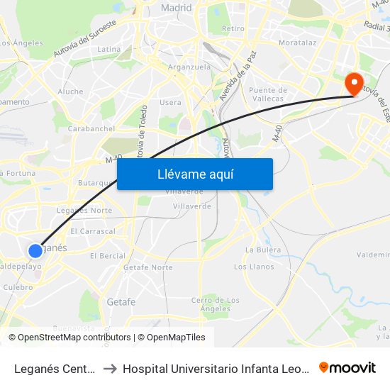 Leganés Central to Hospital Universitario Infanta Leonor map