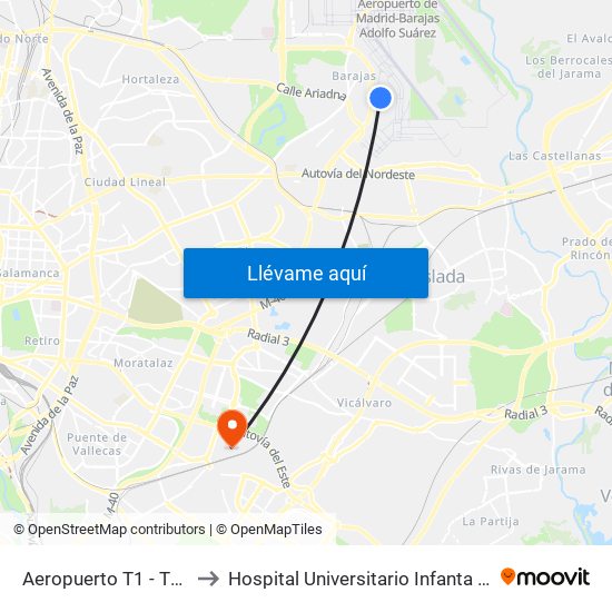 Aeropuerto T1 - T2 - T3 to Hospital Universitario Infanta Leonor map