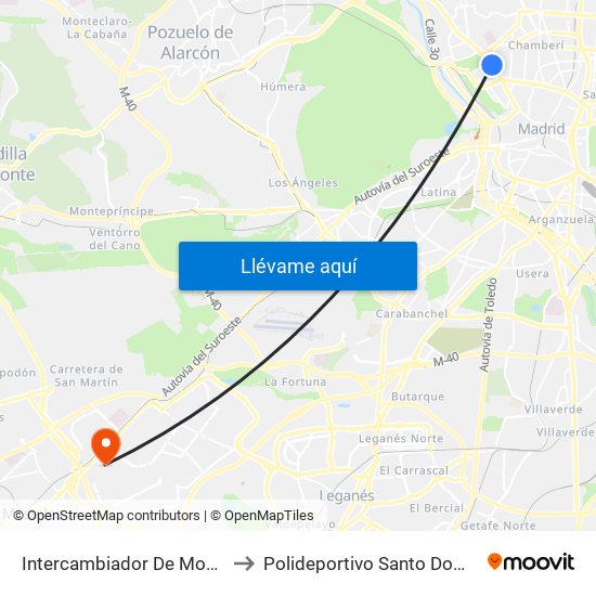 Intercambiador De Moncloa to Polideportivo Santo Domingo map