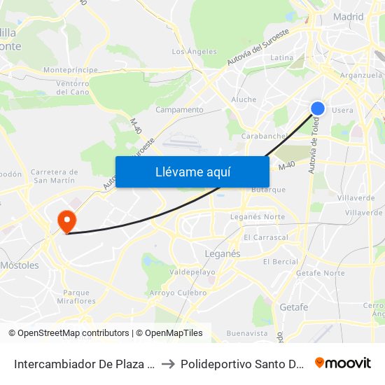 Intercambiador De Plaza Elíptica to Polideportivo Santo Domingo map