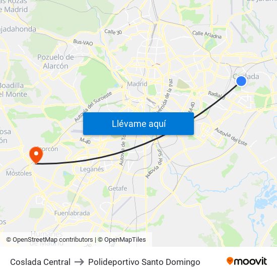 Coslada Central to Polideportivo Santo Domingo map